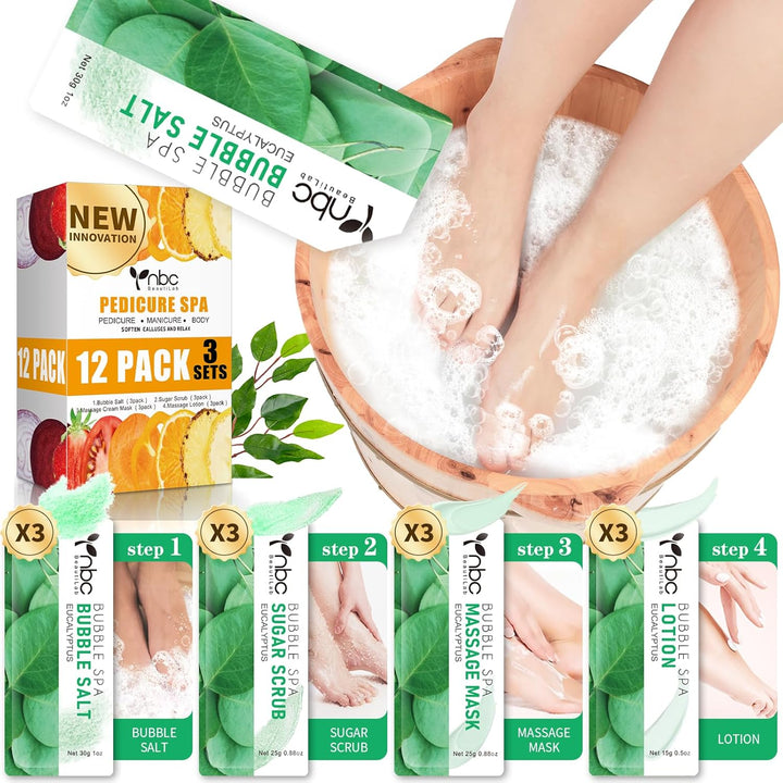 Pedicure Kit Foot Soak Set: Bubble Salt, Sugar Scrub, Massage Mask, Massage Lotion in a Box, 4 Step Foot Spa Kit for Dry Feet,Tired Feet（1 Set Lavender)