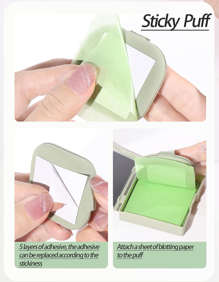 Oil Blotting Paper - 300 Sheets W/Mirror, Puff & Refills, Absorbs Excess Face Oil, Controls Shine, Gentle for Makeup Use