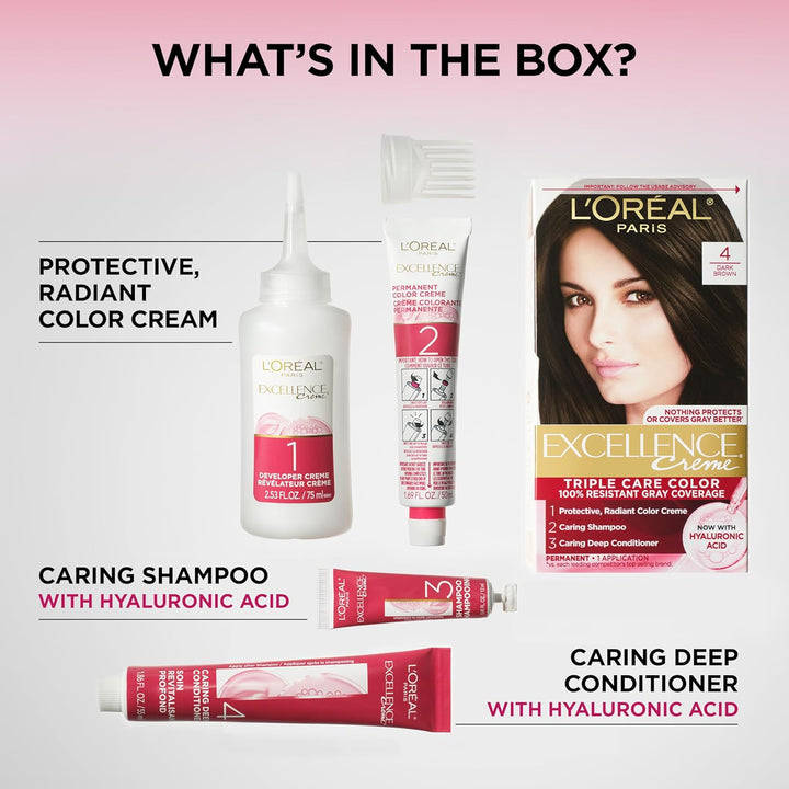 Excellence Crème Permanent Hair Dye, Triple Care Hair Color with Pro-Keratine Complex for 100% Gray Hair Coverage, 4 Dark Brown, 1 Kit