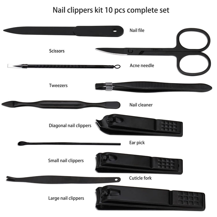 Manicure Set Nail Clippers Kit Professional Stainless Steel Nail Care Tools with Leather Travel Case 10 in 1 Black