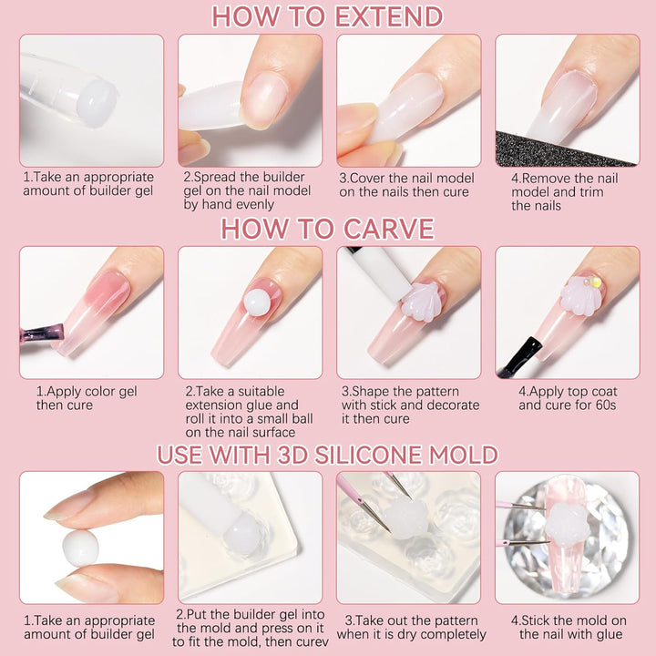 3D Nail Art Gel Clear and White Solid Builder Gel for Nails Non-Stick Hand Sculpture Hard Gels with Dual Form for Carving Patterns Decoration Nail Art Home Manicure DIY for Women