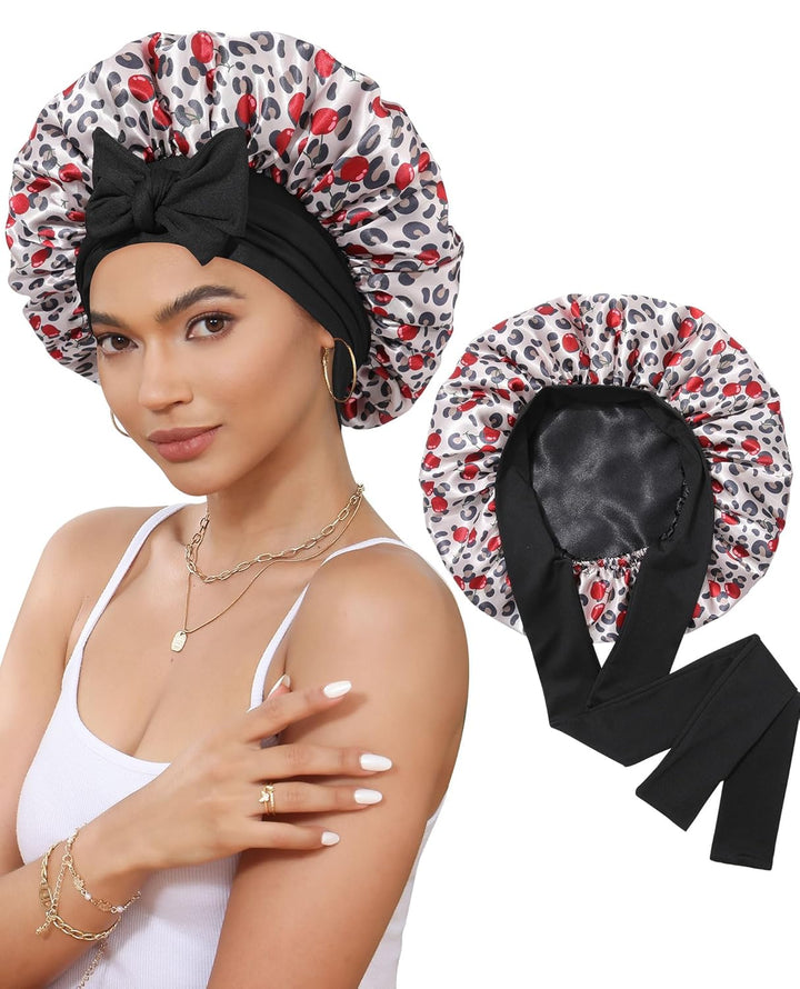 Satin Bonnet for Sleeping Cap Double Layer Hair Bonnet with Elastic Tie Band for Curly Hair Night Cap (Bean Paste + Pink)