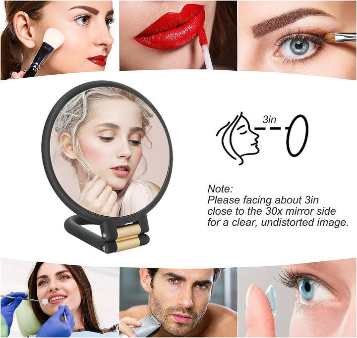 30X Magnifying Mirror, Travel Hand Mirrors with Handle - Double Side Handheld Mirror with 1X 30X Magnification & Adjustable Handle/Stand, Hand Held Foldable Travel Mirror for Makeup(Black)