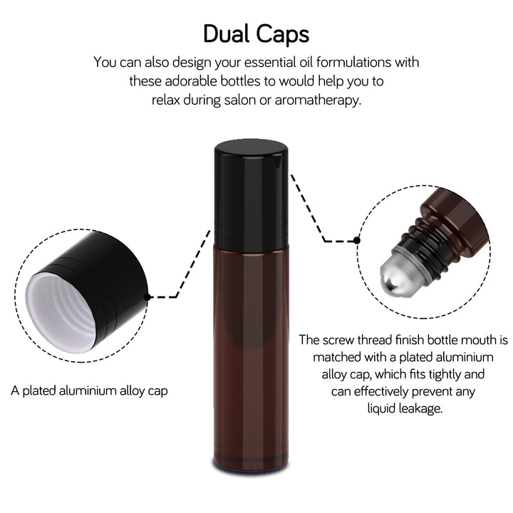 Set of 12, 10 Ml Amber Glass Roller Bottles for Essential Oil with Stainless Steel Roller Ball - Refillable Leak-Proof Empty Roll on Bottles with Black Caps for Travel, Perfume, Lab