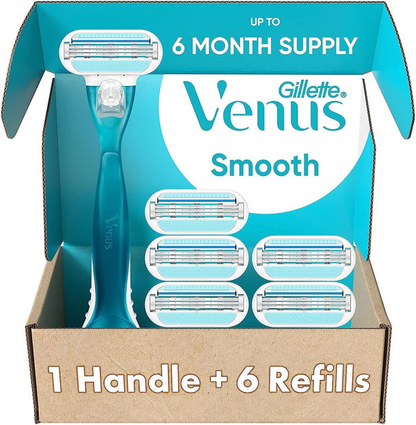 Smooth Women'S Razor Handle + 6 Refills with Soft-Grip Gel Handle