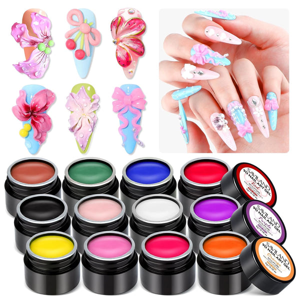 Sspro X 3D Nail Gel Set: 12 Colors Non-Sticky Soak off 3D Sculpting Gel for Nail Art Painting Drawing Hand Carving Molding with Sculpture Pen for 3D Nail Art Design Home Salon Manicure DIY