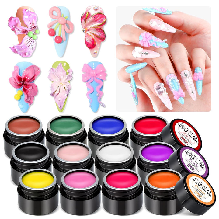 Sspro X 3D Nail Gel Set: 12 Colors Non-Sticky Soak off 3D Sculpting Gel for Nail Art Painting Drawing Hand Carving Molding with Sculpture Pen for 3D Nail Art Design Home Salon Manicure DIY