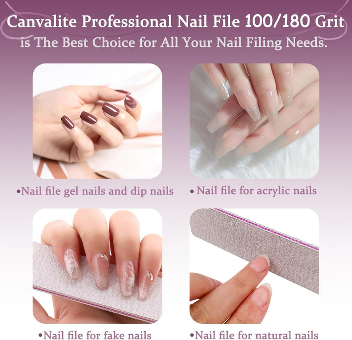 Nail File 12 PCS Professional Reusable 100/180 Grit Double Sides Washable Nail File Manicure Tools for Poly Nail Extension Gel and Acrylic Nails Tools Suit for Home Salon