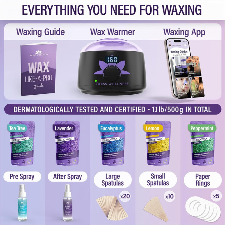 Waxing Kit for Sensitive Skin, Safe for Face & Skin, Prep & Aftercare Spray, Easy to Use, At-Home Kit for Face, Bikini, Brazilian & Full Body - Digital Display, Black Purple Flower