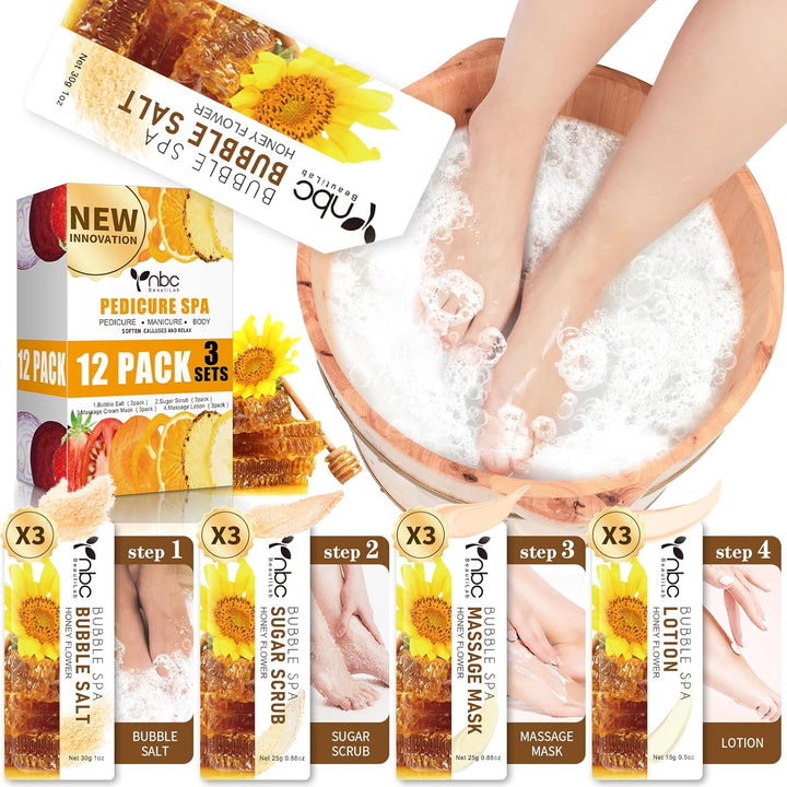 Pedicure Kit Foot Soak Set: Bubble Salt, Sugar Scrub, Massage Mask, Massage Lotion in a Box, 4 Step Foot Spa Kit for Dry Feet,Tired Feet（1 Set Lavender)