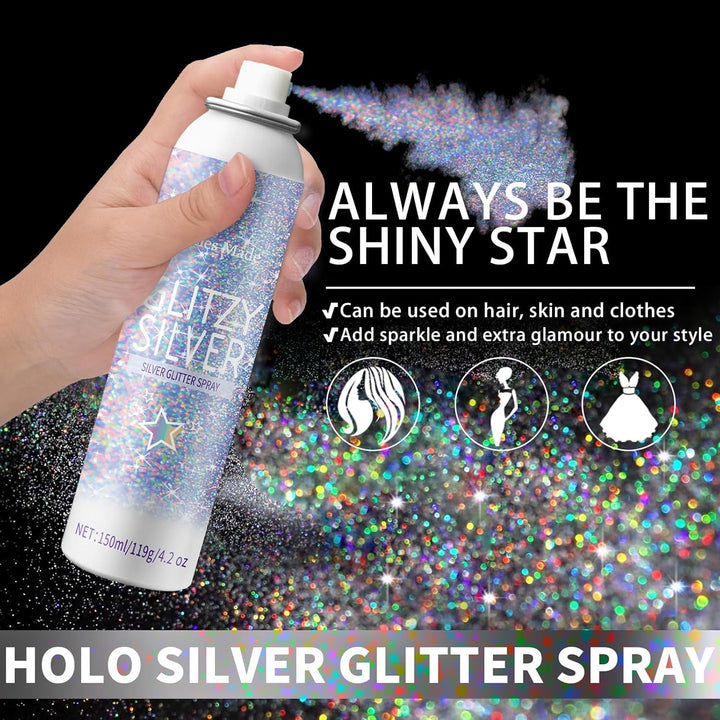 Hair Glitter Body Glitter Spray, 150ML Glitter Hairspray Holographic Silver Glitter Spray for Hair and Body, Hair Glitter for Kids Women, Body Shimmer Festival Makeup 4.2 Fl Oz