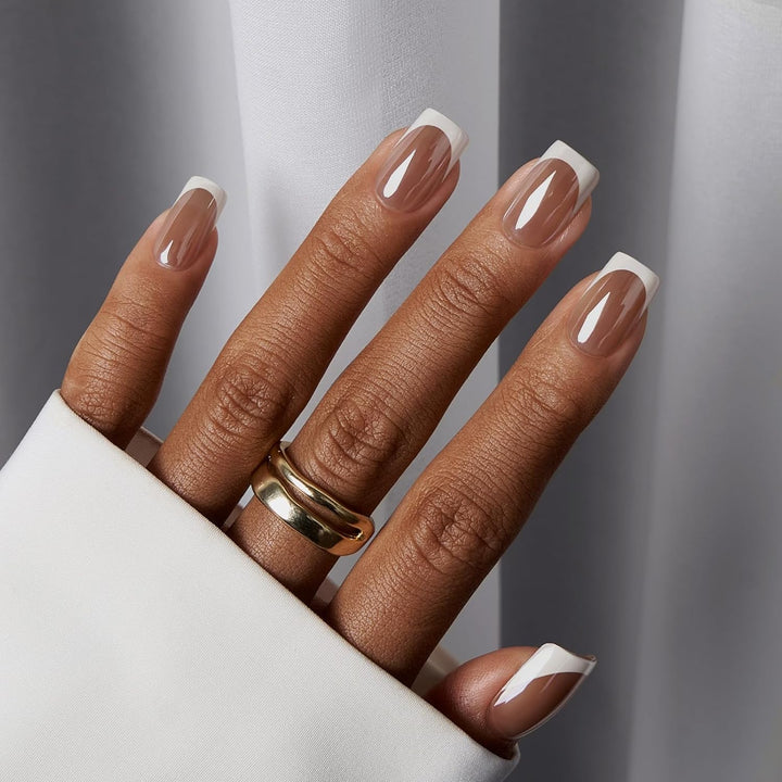 French Tip Press on Nails Almond - Black Press on Nails Short, Glue on Nails for Women Gift, Supremely Fit Natural Reusable Stick on Nails in 16 Sizes - 32 Fake Nails Kit, Black French