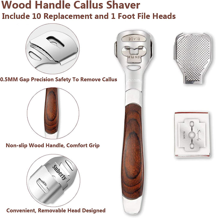 Colossal Foot Rasp & Wood Handle Callus Shaver (10 Replacement & 1 File Foot Heads), Pedicure Foot File Kit, Heel Scraper for Feet, Foot File Callus Remover