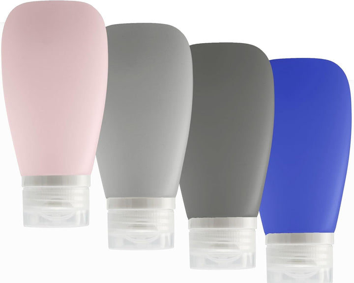 Travel Bottles for Toiletries, TSA Approved 3Oz (90Ml) Leak Proof Silicone Refillable Squeeze Travel Size Containers BPA Free for Cleansers, Lotions, Shampoo 3-Pk (Black-Gray-White)