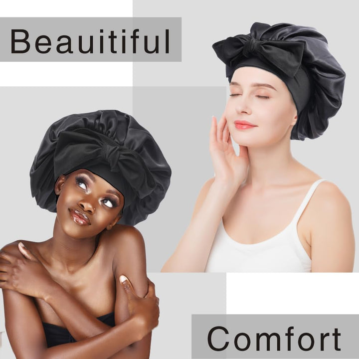 Silk Bonnet for Sleeping Women, Ajustable Hair Bonnet for Curly Hair with Tie Band Shower Caps Black，Large
