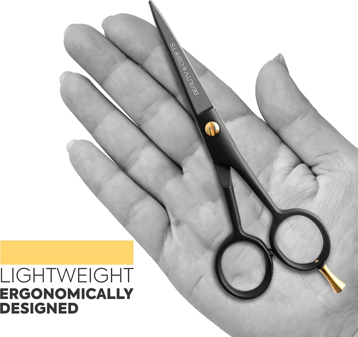 - 5'' German Beard Mustache Scissors - 2 Mustache Comb for Facial Hair with Beautiful Pouch - Beard Trimming Scissors Use for Grooming, Cutting, and Styling of Mustache (Black)