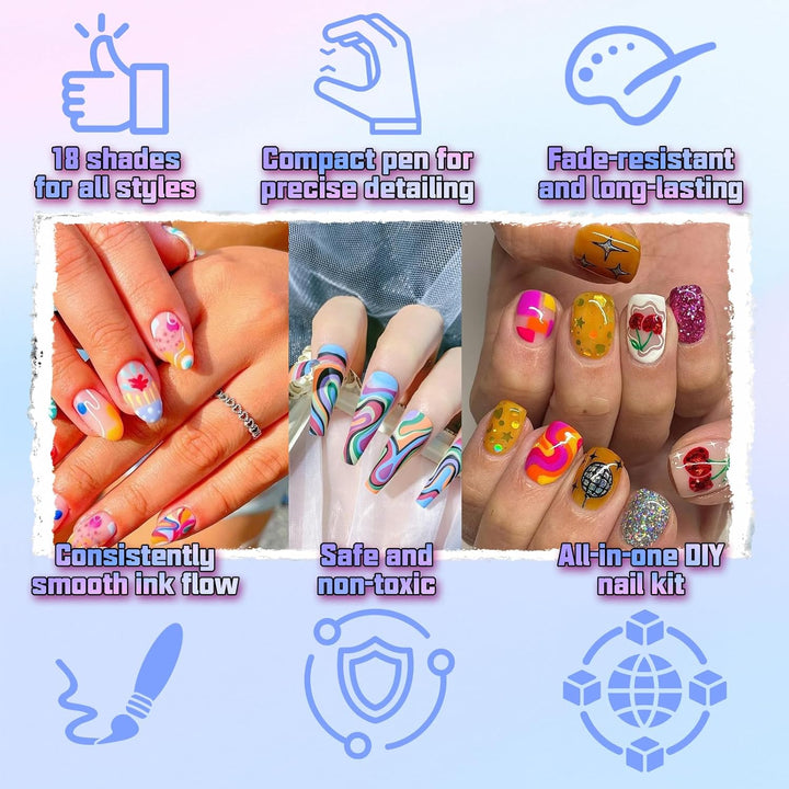 18 Colors Nail Art Pens Set, 3D Gel Nail Polish Pen Water-Based Quick Drying, Acrylic Nail Paint Pens Kit Drawing Painting Liner Dotting Graffiti Manicure for Home Salon DIY