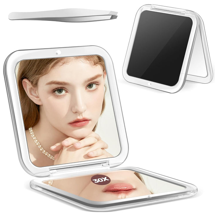 Compact Mirror, 30X Magnifying Mirror, Pocket Mirror for Purse, Travel Makeup Mirror with 30X/1X Magnification, Travel Essentials Mirrors, Precision Tweezers, Present for Girls