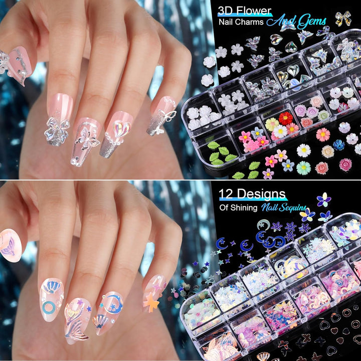 Nail Charms Nail Stickers for Nail Art Kit, 8 Boxes Nail Rhinestones Nail Gems Pearls for Nails with 20 Sheets Nail Art Stickers, 3D Gold Nail Charms and Gems Nail Supplies Nail Art Tools