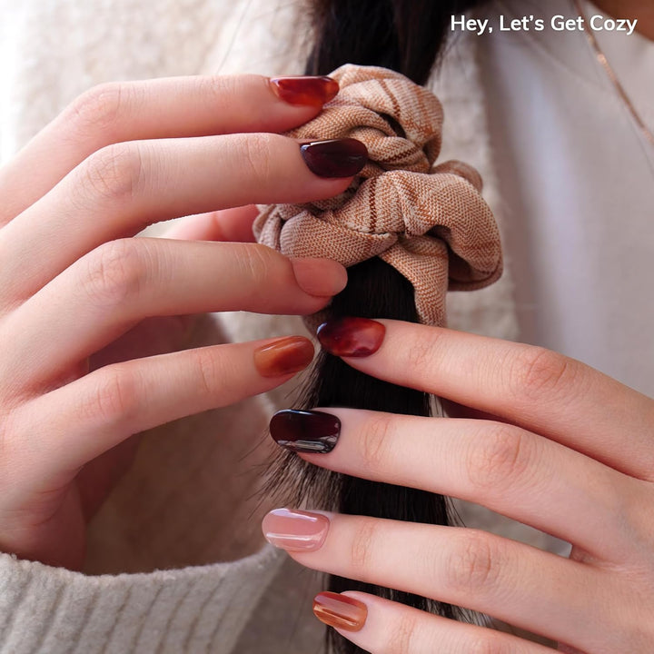 Semi Cured Gel Nail Strips | No LED Lamp Needed | Fall, Marble, Brown | Easy Apply & Remove, Salon Quality | Includes 28 Strips, 1 Prep Pads, Nail File & Wooden Stick - Hey, Let’S Get Cozy