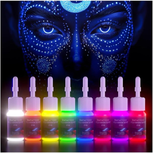 8Color Fluorescent Tattoo Ink Set, 8Pcs Tattoo Ink Color Set,Glow in the Blacklight, Skin-Safe Permanent Tattooing for 3D Makeup Beauty Skin Body Art, 0.17Fl Oz 5Ml/Bottle