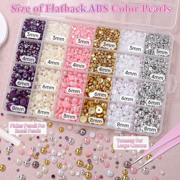 9000Pcs Flatback Pearls for Crafting, Silver Gold White Nail Half Pearls and Gems, 3-8Mm Color Pink Beige Purple Half round ABS Flatback Pearl Beads Bedazzling for Nails DIY Shoes Clothes Bags