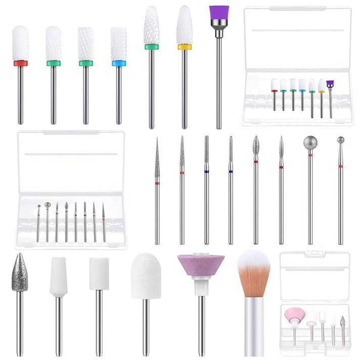 21Pcs Nail Drill Bit Set, Professional 3/32'' Ceramic Diamond Carbide Acrylic Gel Nail Art Tool Kit, Cuticle Remover Bit for Acrylic Gel Dip Powder, Nail Manicure Pedicure, Salon Home
