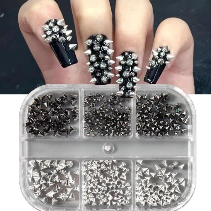 6 Grids Punk Bullet Rivet Nail Charm,3D Alloy Flat Bottomed Pointed Cone Mixed Black Silver Nail Art Rhinestones Studs DIY Crafts Nail Art Charm Spike Nails for Women DIY Nail Decoration Accessories