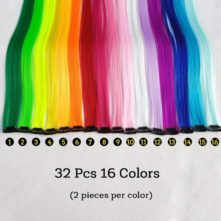 32Packs Colored Hair Extensions 20Inch Straight Color Clip in on Hair Extension Rainbow Party Highlights Synthetic Hairpiece for Girls (16 Colors)