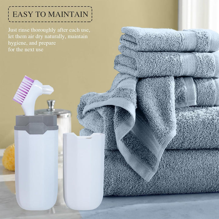 2Pcs Denture Brush False Teeth Toothbrush with 1 White Carrying Case, Effective Denture Cleaning Brush with Multi-Layered Soft Bristles,Green and Purple