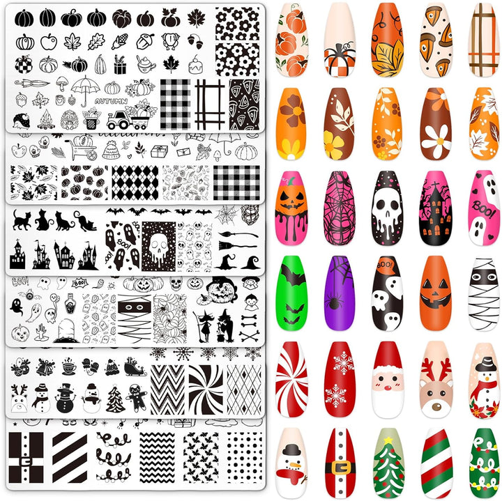 6Pcs All Holiday Nail Art Plates Valentines Stamptemplates Set Winter Christmas Fall Nail Plates Stamping for Xmas DIY Print Manicure Salon Design Gift