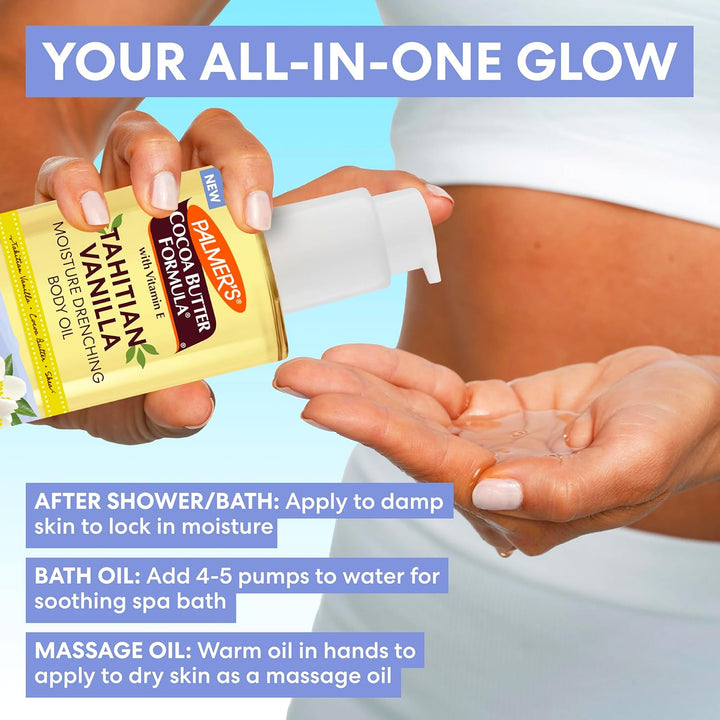 Cocoa Butter Formula Body Oil, Moisture Drenching Tahitian Vanilla, 6.5 Oz, 72Hr Hydration with Shea Butter & Vitamin E for Softer Skin, Protects & Soothes Dryness, Dermatologist Approved