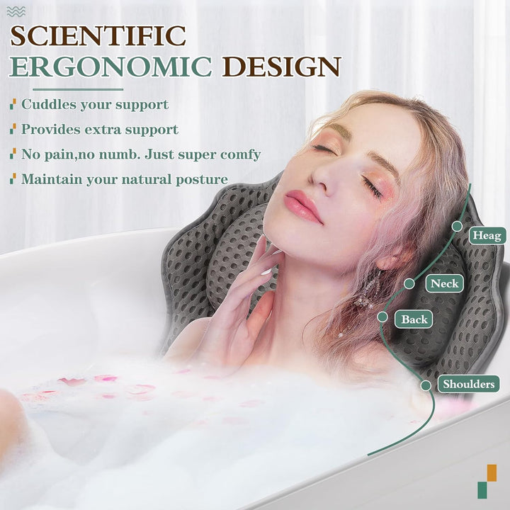 Bath Pillow  Ergonomic Luxury Bathtub Pillow with Head,Neck, Shoulder and Back Support, 4D Bath Pillows for Tub with 6 Powerful Suction Cups, Fits All Bathtub