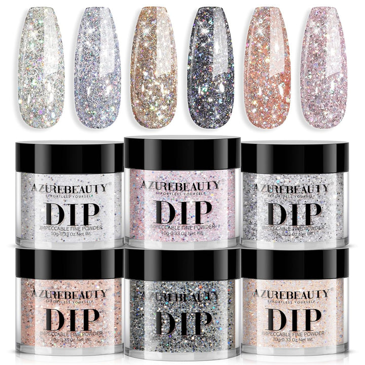Dip Powder Nail Basic Set White Black Silver Grey Pure Sparkle 6 Colors All Seasons Dipping Powder Starter Kit French Nail Art Manicure DIY Salon for Women, No Need Nail Lamp Cured