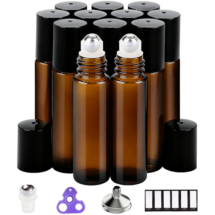 Set of 12, 10 Ml Amber Glass Roller Bottles for Essential Oil with Stainless Steel Roller Ball - Refillable Leak-Proof Empty Roll on Bottles with Black Caps for Travel, Perfume, Lab