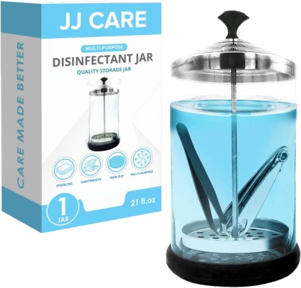Disinfectant Jar (21 Oz) - Barber Disinfectant Jar Glass, Sanitizer Container W/Stainless Steel Removable Strainer & Cap for Manicure, Salon, Spa and Barber Tools - Black Lid