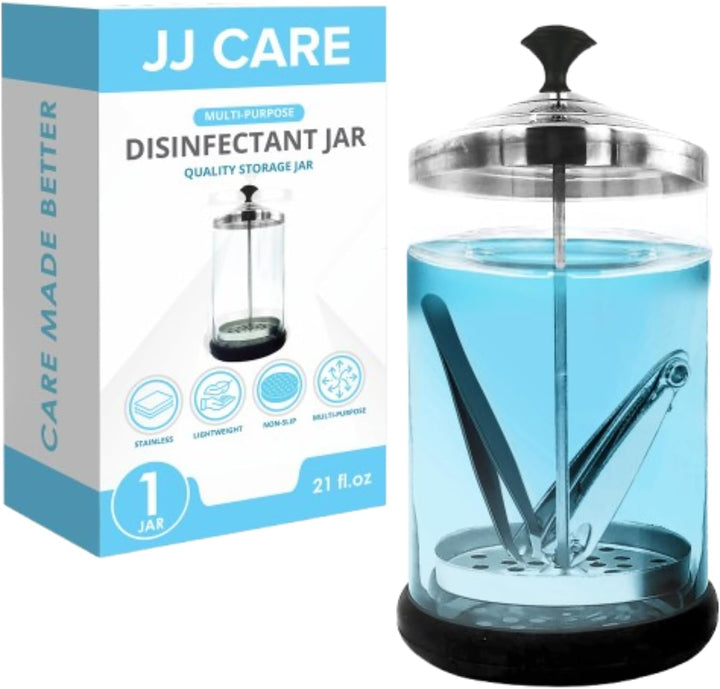 Disinfectant Jar (21 Oz) - Barber Disinfectant Jar Glass, Sanitizer Container W/Stainless Steel Removable Strainer & Cap for Manicure, Salon, Spa and Barber Tools - Black Lid