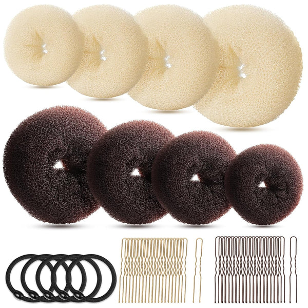Hair Bun Maker Set, Donut Bun Maker Set with 4Pcs Dark Brown &4Pcs Beige(2 Extra-Large,2 Large,2 Medium and 2 Small), 5 Pieces Hair Elastic Bands, 40 Pieces Hair Bobby Pins (Brown and Gold)