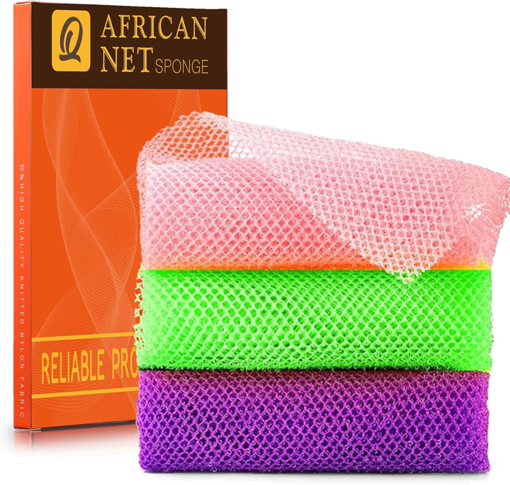 3 Pieces African Bath Sponge African Net Long Net Bath Sponge Exfoliating Shower Body Scrubber Back Scrubber Skin Smoother,Great for Daily Use (Pink,Yellow,Purple)