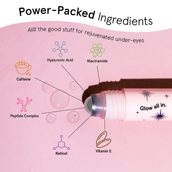 under Eye Brightener Roller - Airplane Travel Essentials - Travel Size Toiletries - Retinol & Caffeine Eye Serum for Puffiness, Dark Circles, Wrinkles - Vegan Skincare (15Ml / 0.51Floz)