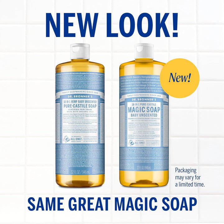 Pure-Castile Magic Liquid Soap - Made with Regenerative Organic Certified Oils - 18-In-1 Uses for Face, Body, Hand Gentle on Baby & Sensitive Skin Body Wash Unscented,32Oz