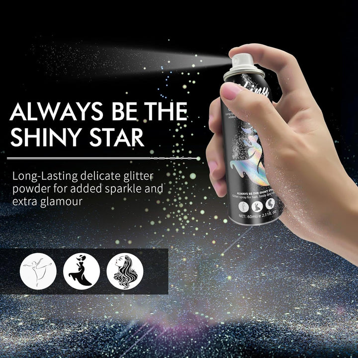 Body Glitter, Body Glitter Spray, Glitter Spray for Hair and Body, Long-Lasting and Quick-Drying Silver Glitter Hairspray Suitable for Stage, Festival Rave and Makeup Prom (2.11 Fl Oz)