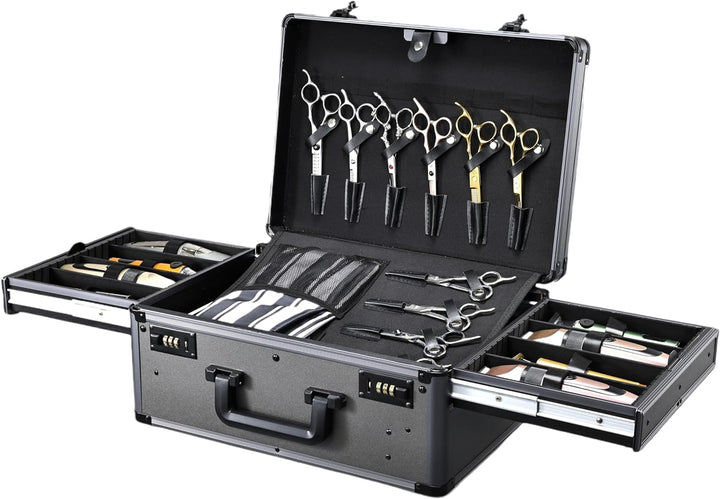 Barber Case with Clippers Sliding Tray, Profesional Barbers Briefcase Tool Case, Barber Cases for Clippers and Supplies, Hair Scissors Trimmer Organizer, Salon Grooming Hard Travel Suitcase