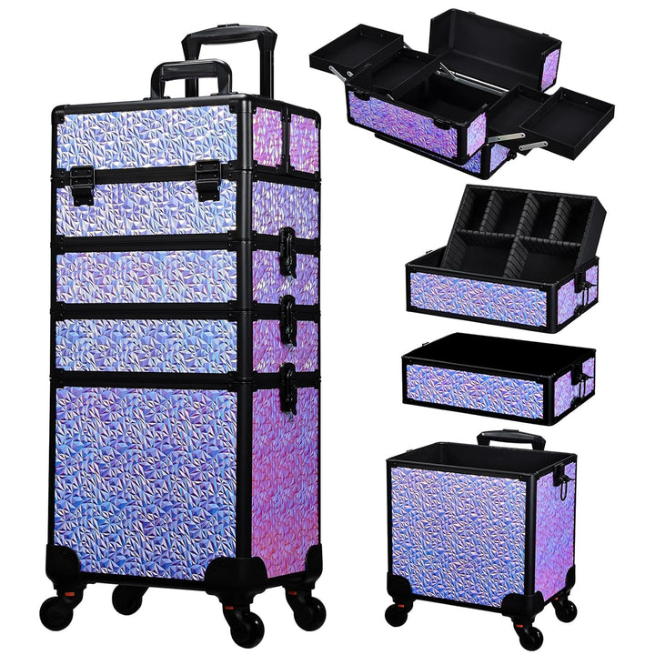 Rolling Makeup Case Cosmetology Case on Wheels 4 in 1 Large Cosmetic Organizer Train Case Makeup Travel Case with Key Swivel Wheels Nail Artist Salon Storage Traveling Cart Trunk Black