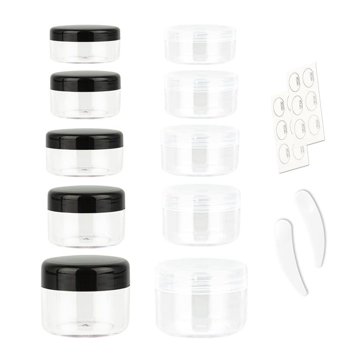 10Pcs Small Travel Containers, Black Sample Jars with Screw Lids, 5 Size 3/5/10/15/20 Gram, 12Pcs Labels and 2Pcs Mini Disposable Spatula, Makeup Sample Containers BPA Free