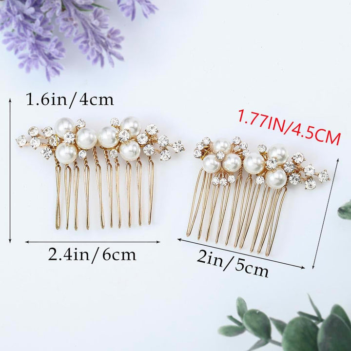 Gold Wedding Pearl Hair Comb Bride Crystal Hairpiece Bridal Rhinestone Hair Clip Hair Accessories for Women (Set of 2) (A-Gold)