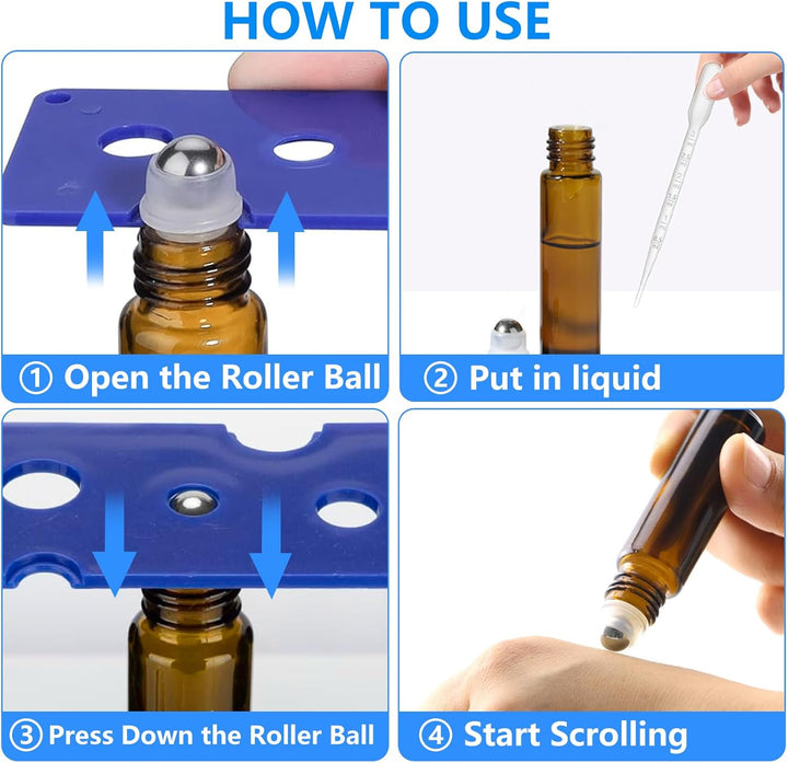 4 Pack of 0.34 Oz (10Ml) Essential Oil Roller Bottles - Refillable, Leak-Proof Amber Glass Roll-On Bottles with Stainless Steel Roller Balls, Metal Caps, and Labels Included