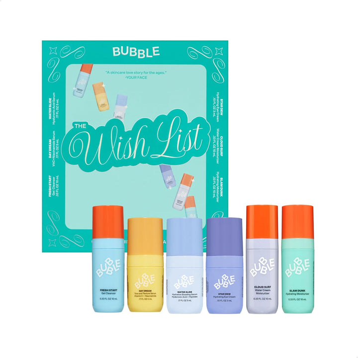 the Wish List Mini Skincare Essentials Gift Set - Includes Gel Cleanser, Vitamin C & Hyaluronic Serum, Eye Cream, Water Cream & Face Moisturizer - Travel Size Skin Care (6 Count)