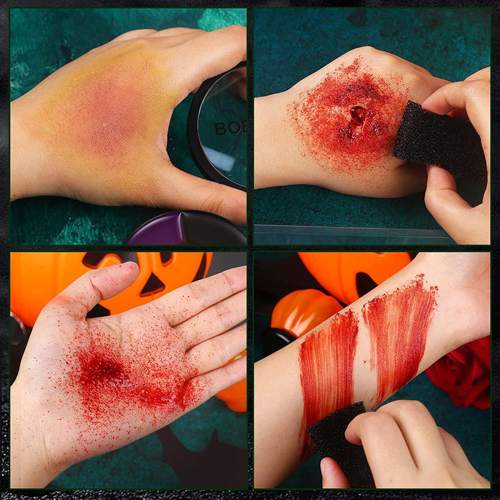 Demonic Special Effects SFX Halloween Makeup Kit - 5 Colors Bruise Makeup Face Body Painting Palette + Scar Wax with Spatula Tool + Fake Blood Splatter Spray + Fake Blood Cream +Stipple Spong