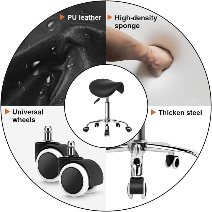 Rolling Saddle Stool PU Leather Swivel Adjustable Rolling Stool with Wheels Salon Chair Black